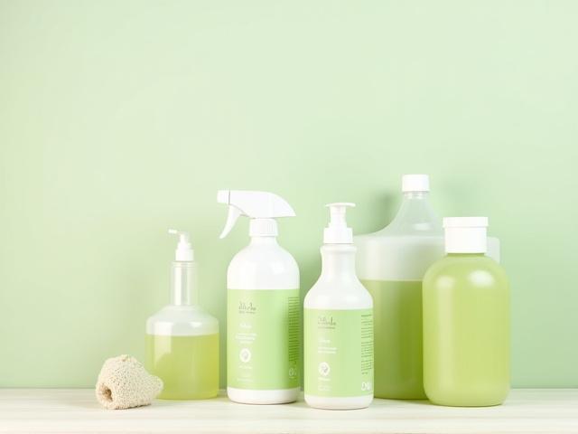 Nahaufnahme von umweltfreundlichen Reinigungsprodukten mit Bio-Etiketten auf einer hellen Oberfläche